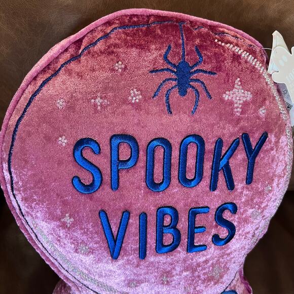 Spooky Vibes Embroidered Beaded Crystal Ball Pink Velvet Halloween Pillow 16x14 - Picture 2 of 5